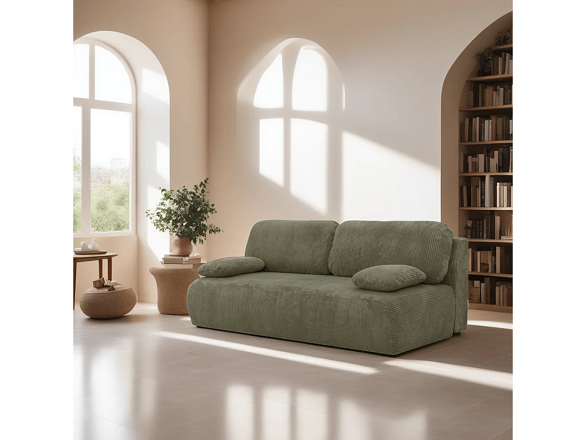 Canapé convertible 3 places avec coffre de rangement en velours côtelé vert kaki - Gemma