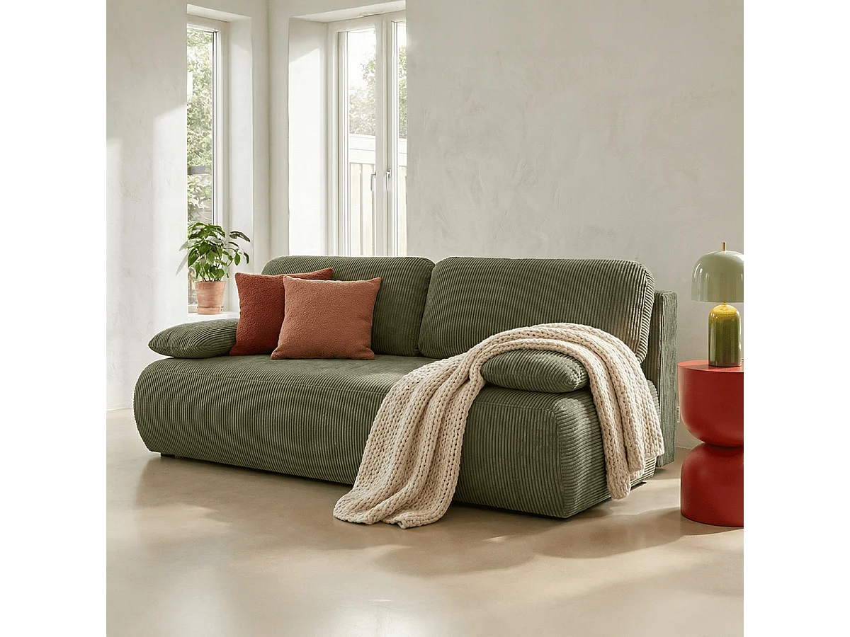 Canapé convertible 3 places avec coffre de rangement en velours côtelé vert kaki - Gemma