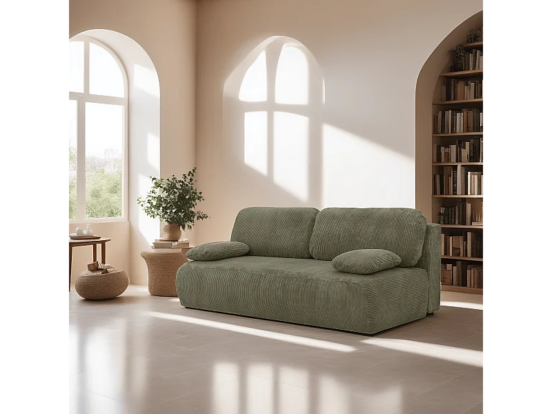 Canapé convertible 3 places avec coffre de rangement en velours côtelé vert kaki - Gemma