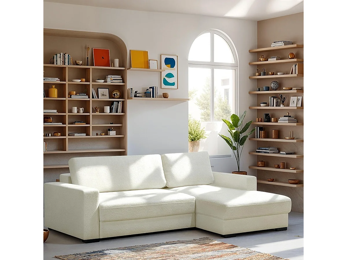 Canapé d'angle à droite convertible 3 places avec coffre en tissu bouclé écru - Arty