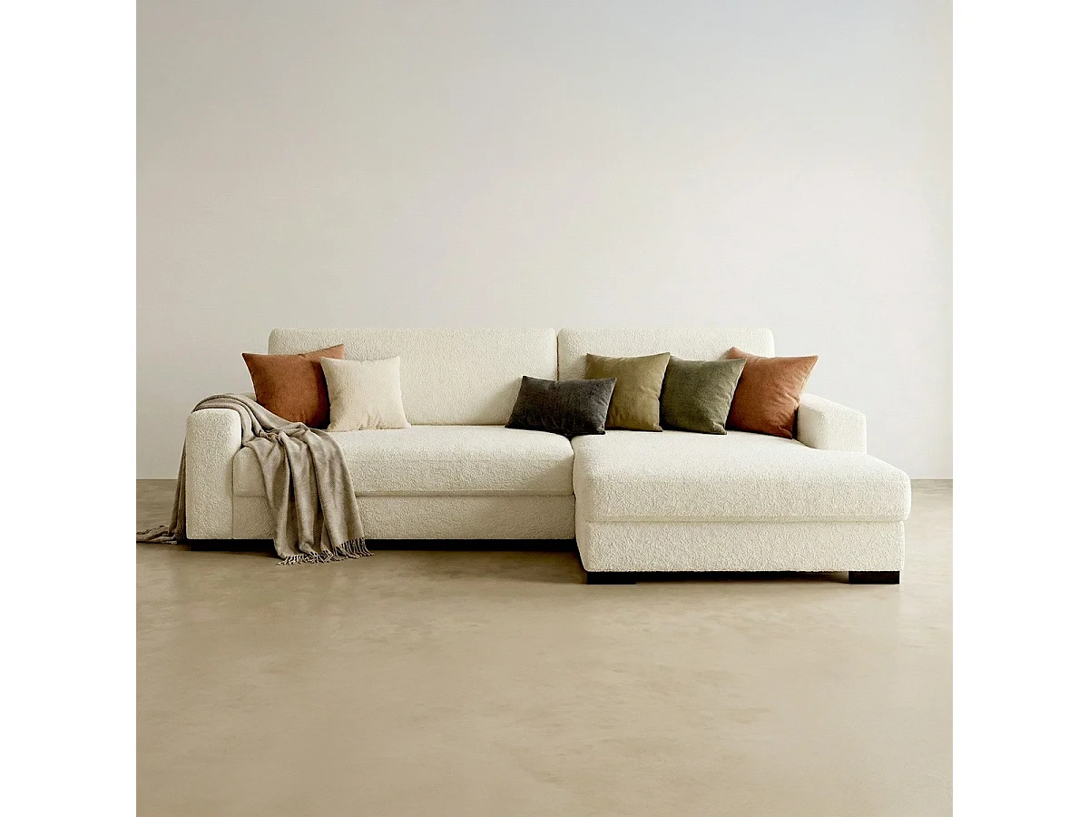 Canapé d'angle à droite convertible 3 places avec coffre en tissu bouclé écru - Arty