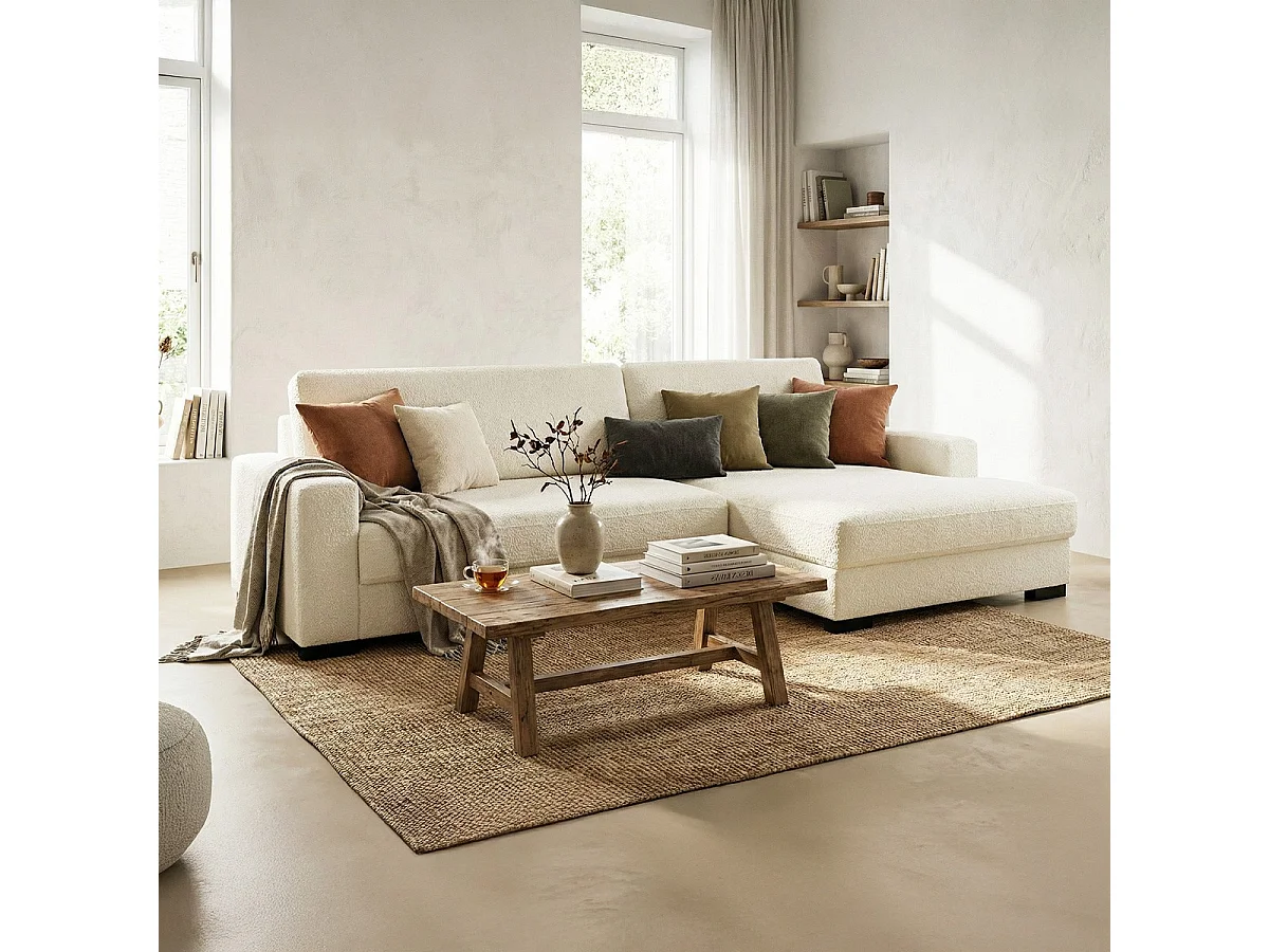 Canapé d'angle à droite convertible 3 places avec coffre en tissu bouclé écru - Arty