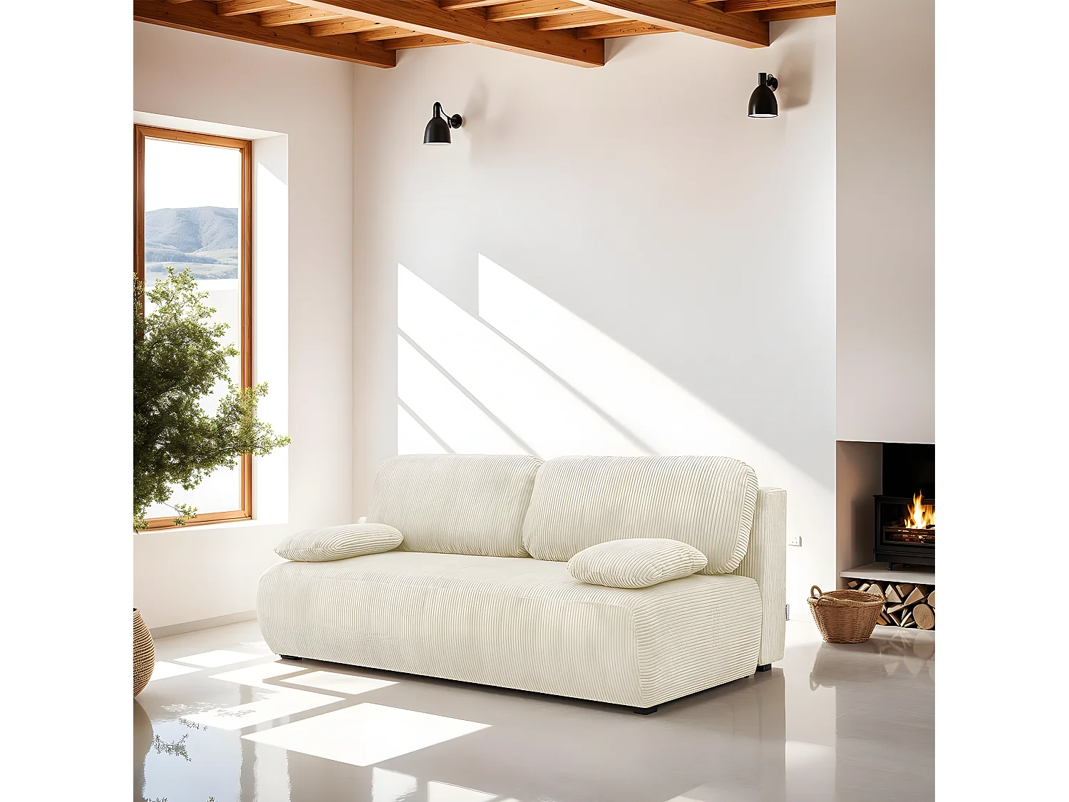 Canapé convertible 3 places avec coffre de rangement en velours côtelé beige - Gemma