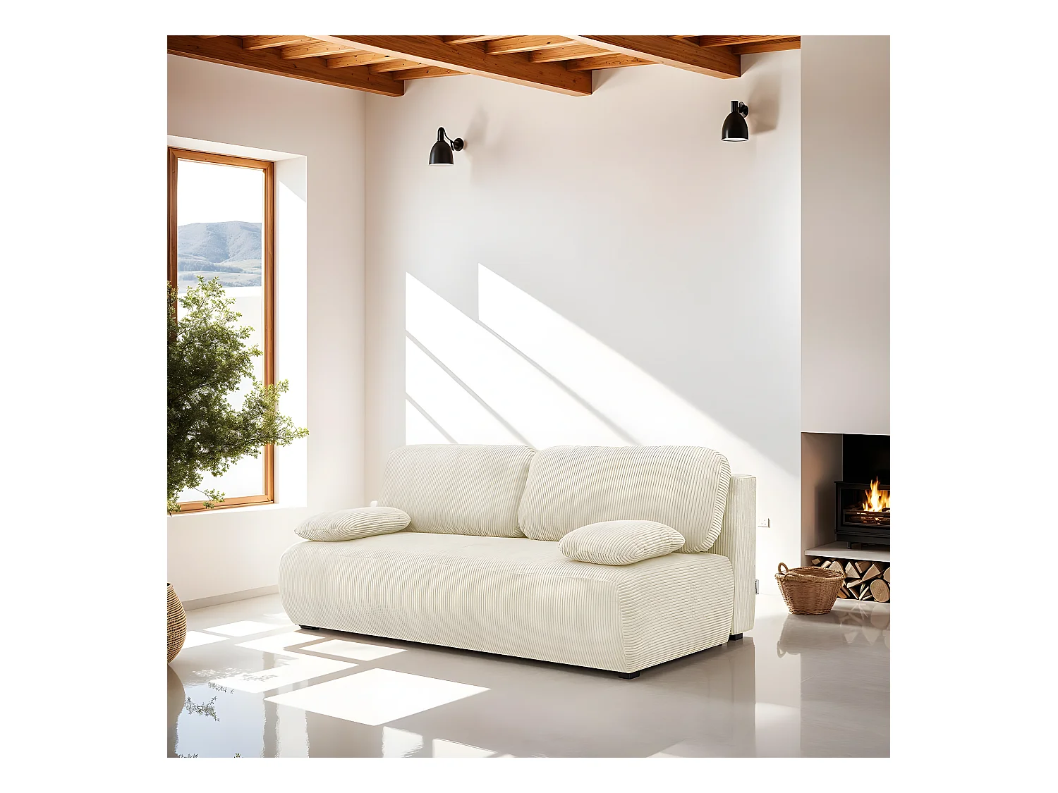 Canapé convertible 3 places avec coffre de rangement en velours côtelé beige - Gemma
