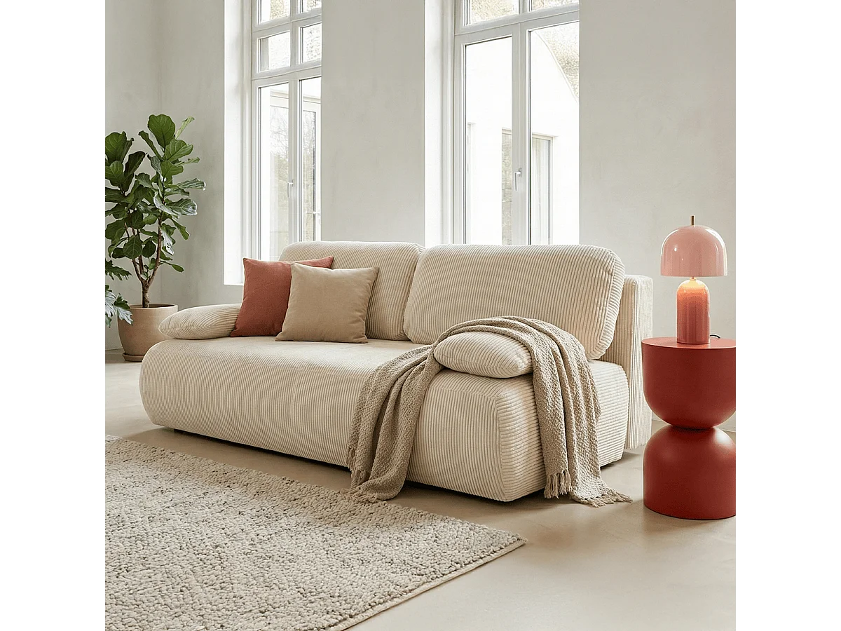 Canapé convertible 3 places avec coffre de rangement en velours côtelé beige - Gemma