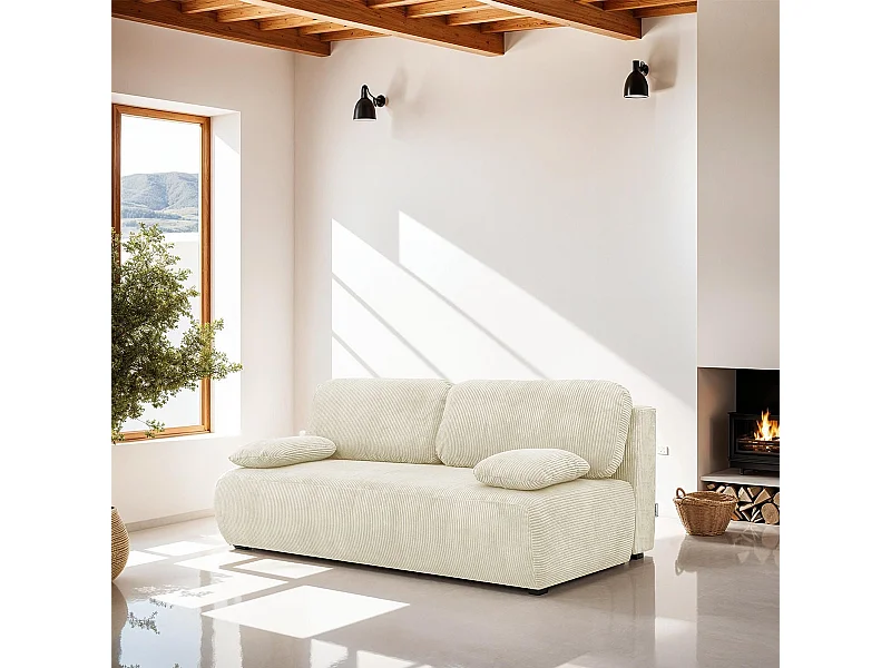 Canapé convertible 3 places avec coffre de rangement en velours côtelé beige - Gemma