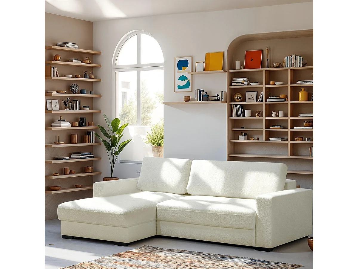Canapé d'angle à gauche convertible 3 places avec coffre en tissu bouclé écru - Arty