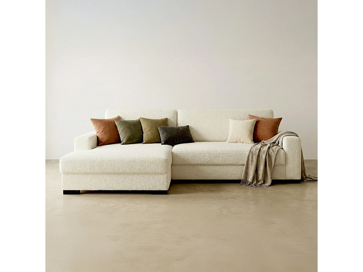 Canapé d'angle à gauche convertible 3 places avec coffre en tissu bouclé écru - Arty