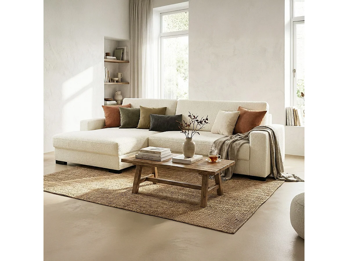 Canapé d'angle à gauche convertible 3 places avec coffre en tissu bouclé écru - Arty