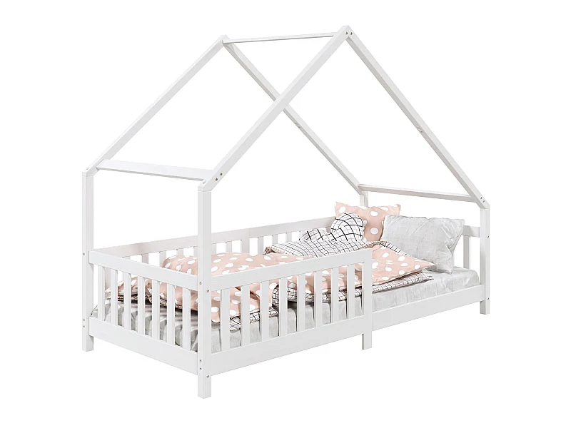 Lit cabane CORA lit enfant simple montessori asymétrique en bois 90 x 190 cm en pin massif lasuré blanc