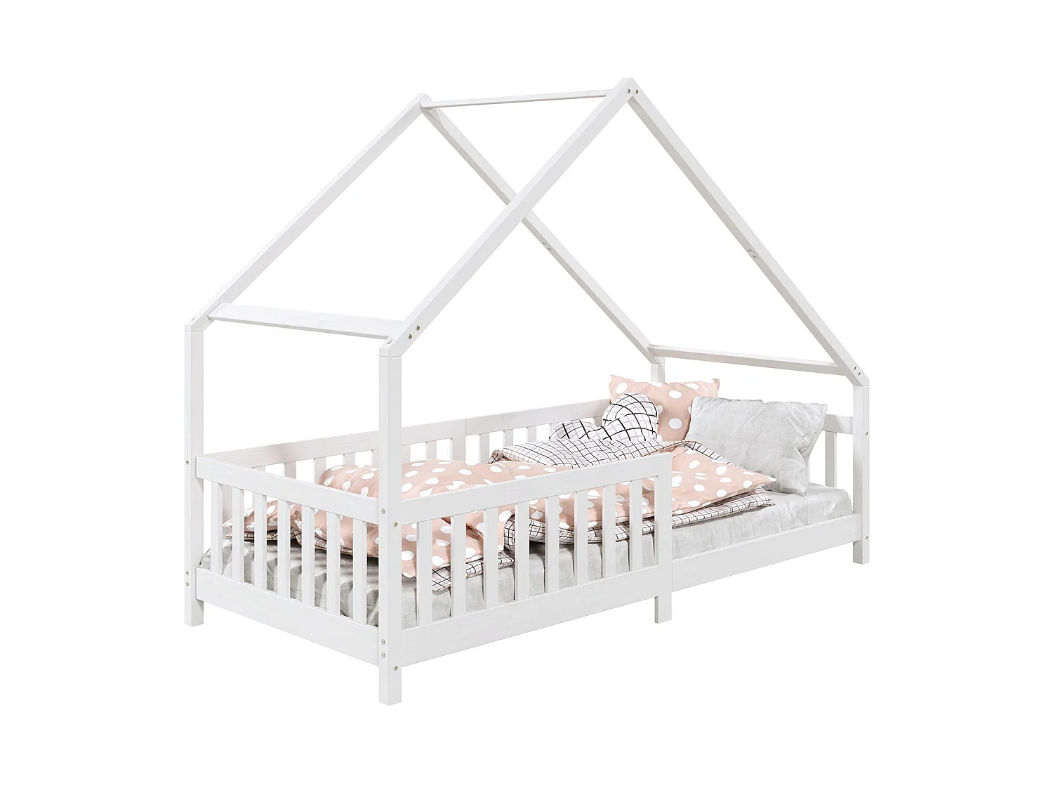 Lit cabane CORA lit enfant simple montessori asymétrique en bois 90 x 190 cm en pin massif lasuré blanc