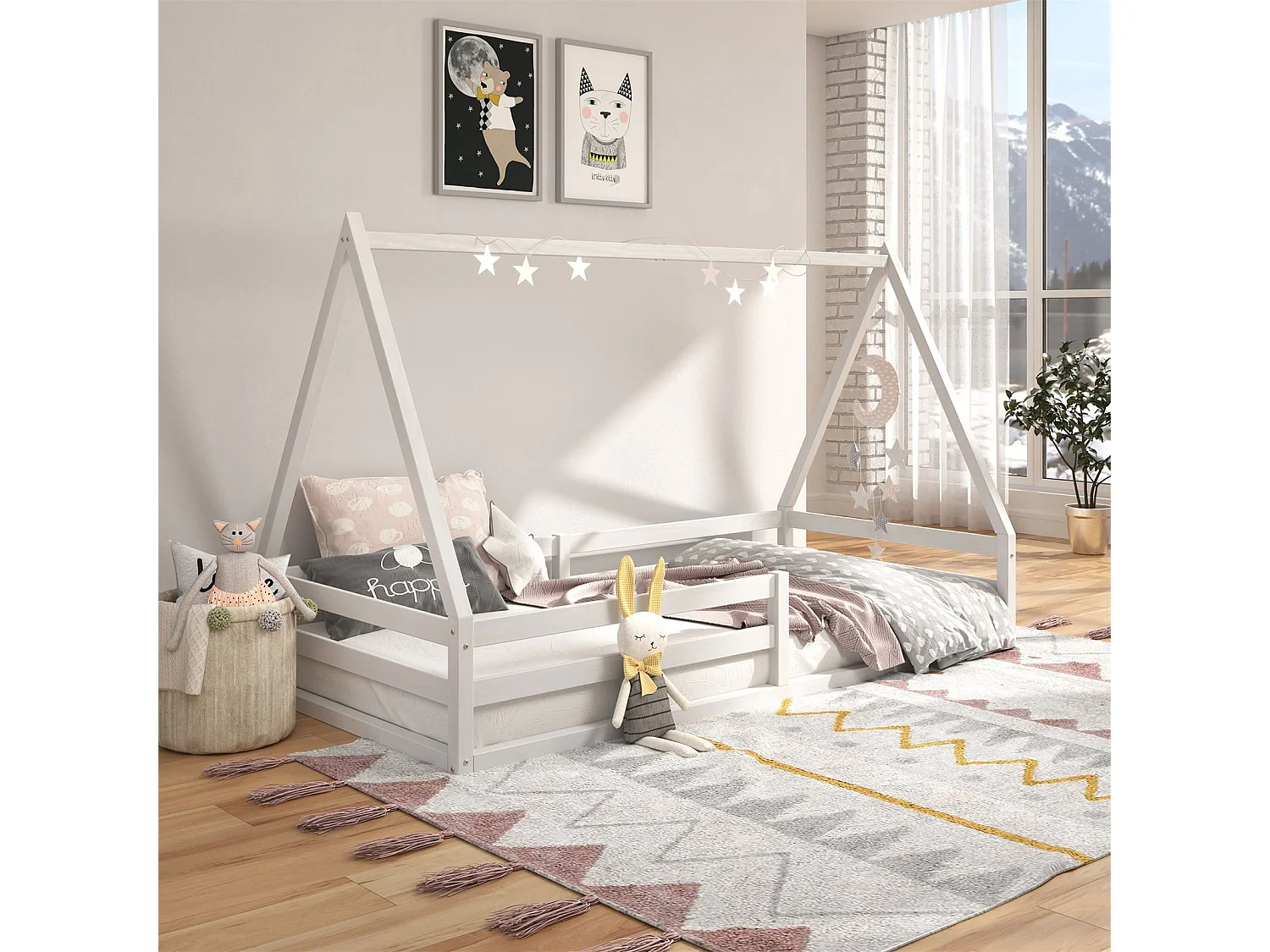 Lit cabane SILA 90x190 cm, lit simple enfant 1 place type Montessori, en pin massif blanc