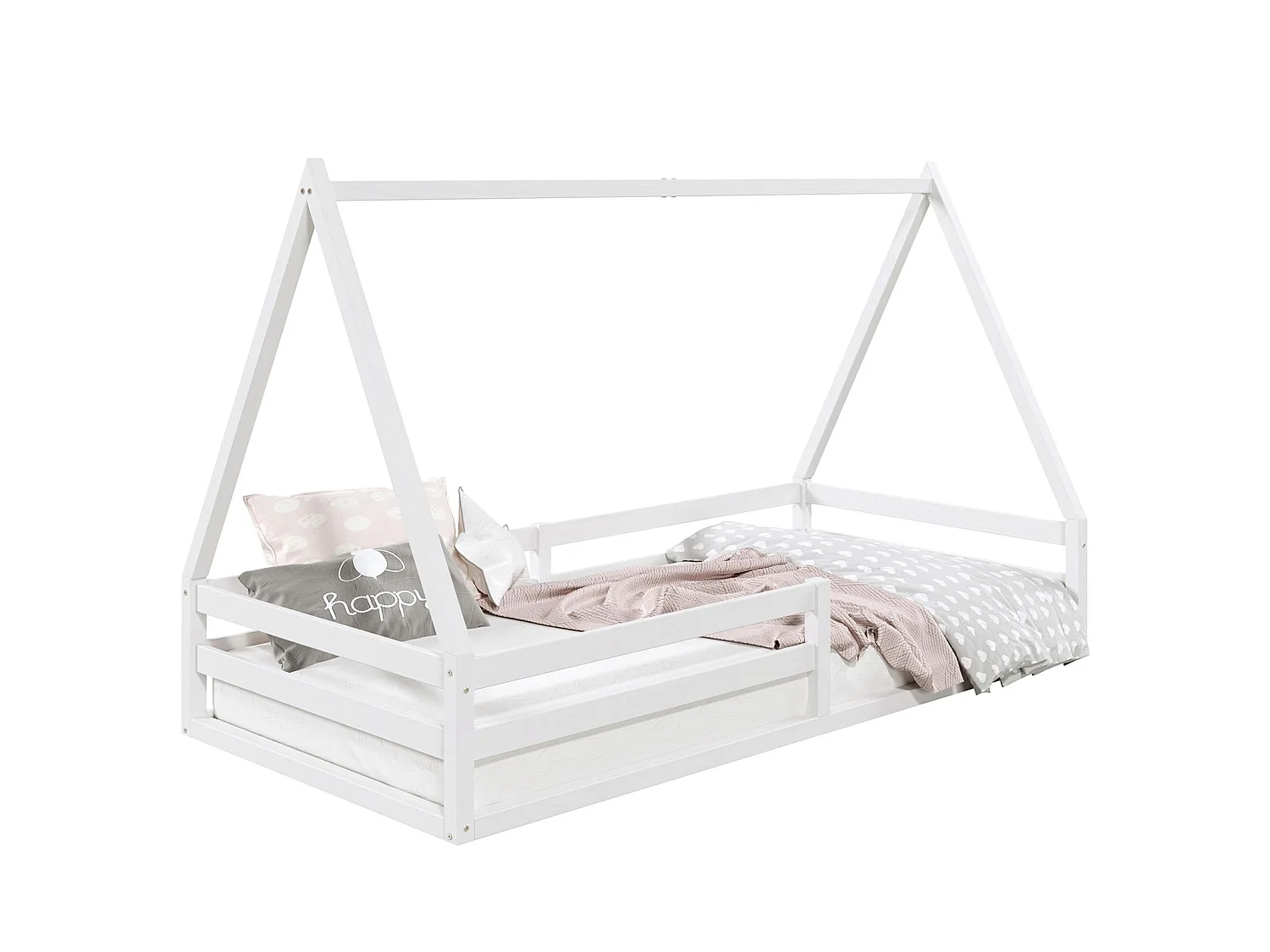 Lit cabane SILA 90x190 cm, lit simple enfant 1 place type Montessori, en pin massif blanc