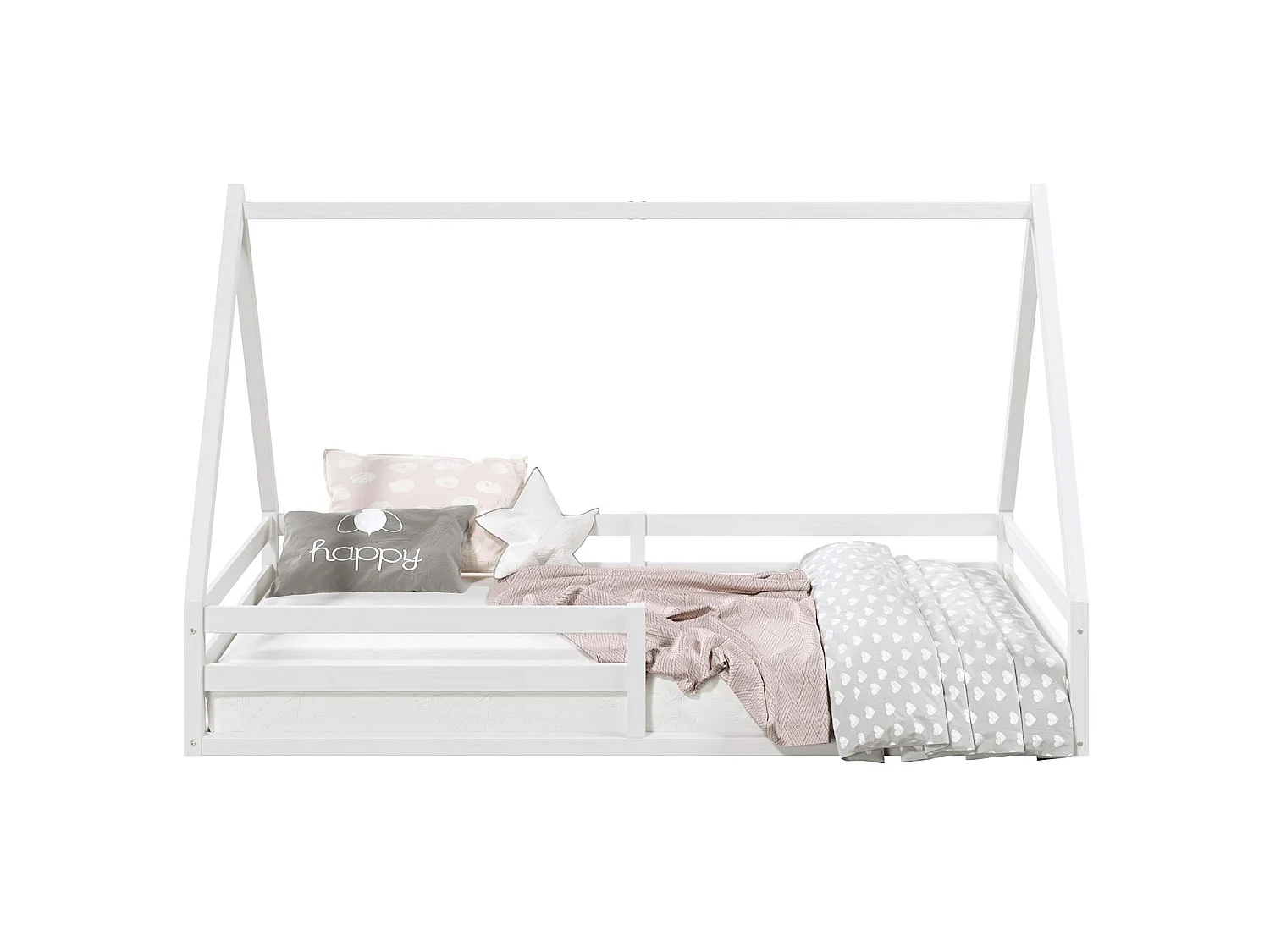 Lit cabane SILA 90x190 cm, lit simple enfant 1 place type Montessori, en pin massif blanc