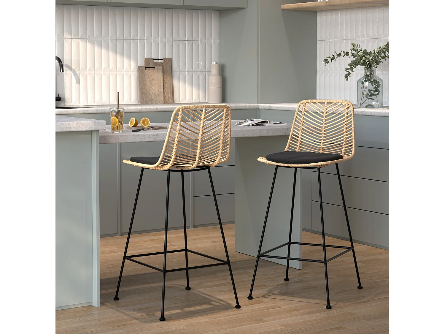Set di 2 sedie per isola centrale 66 cm in rattan naturale e nero - Tamara