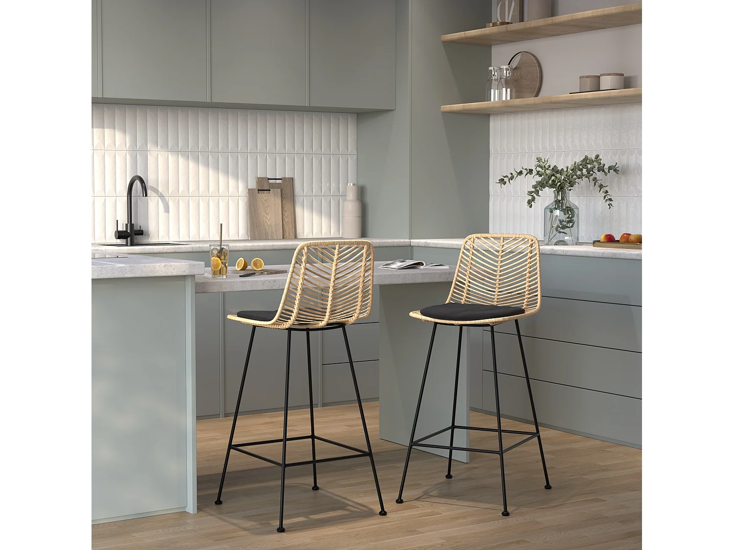 Set di 2 sedie per isola centrale 66 cm in rattan naturale e nero - Tamara