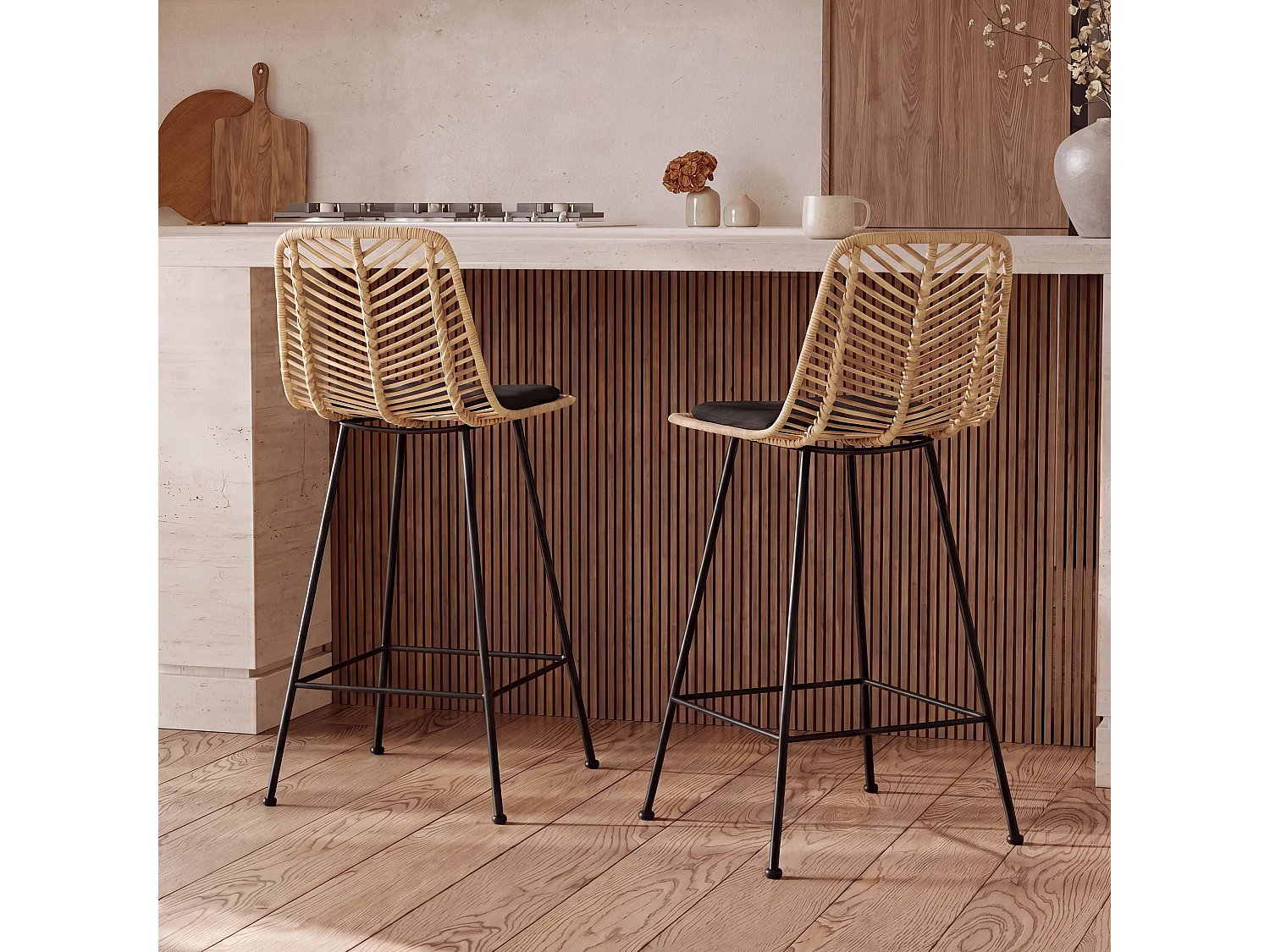 Set di 2 sedie per isola centrale 66 cm in rattan naturale e nero - Tamara