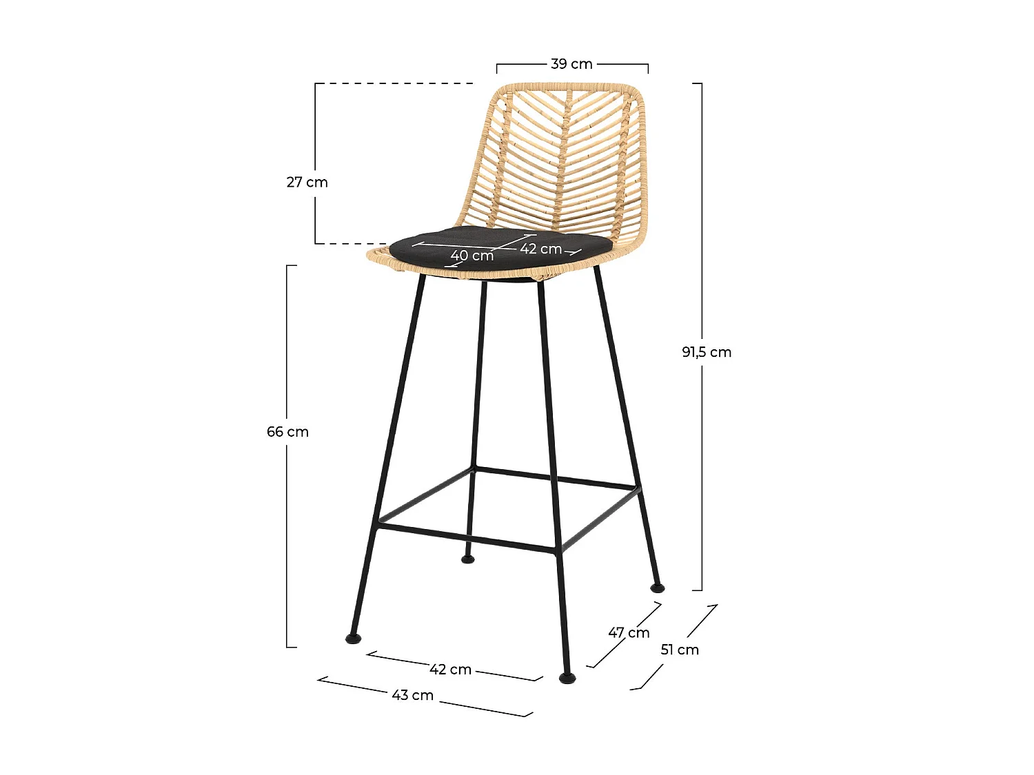 Set di 2 sedie per isola centrale 66 cm in rattan naturale e nero - Tamara