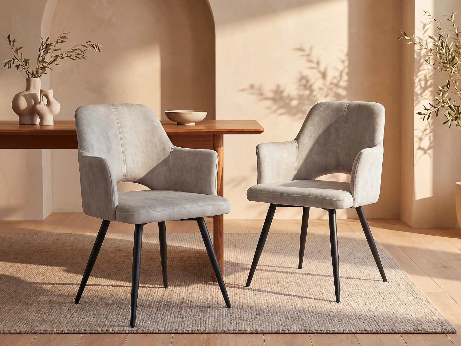 Lot de 6 chaises avec accoudoirs en tissu et métal noir - Beige - KADIJA