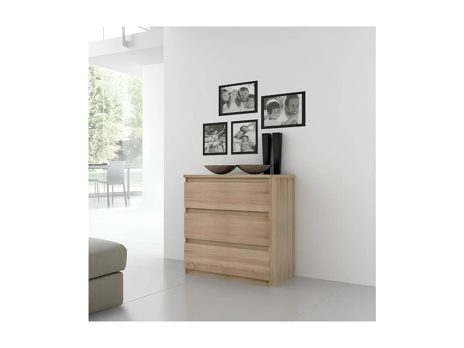 Commode CHELSEA 3 Tiroirs - Couleur chene - L 77,2 x P 42 x H 79,9 cm