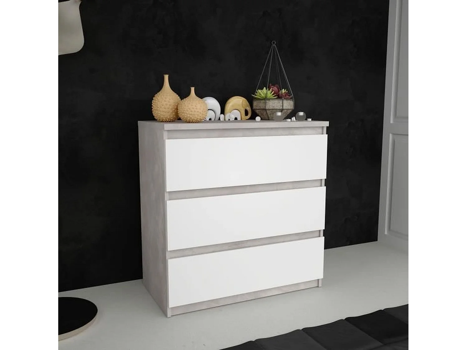 Commode CHELSEA 3 Tiroirs - Couleur blanc/beton clair - L 77,2 x P 42 x H 79,9 cm