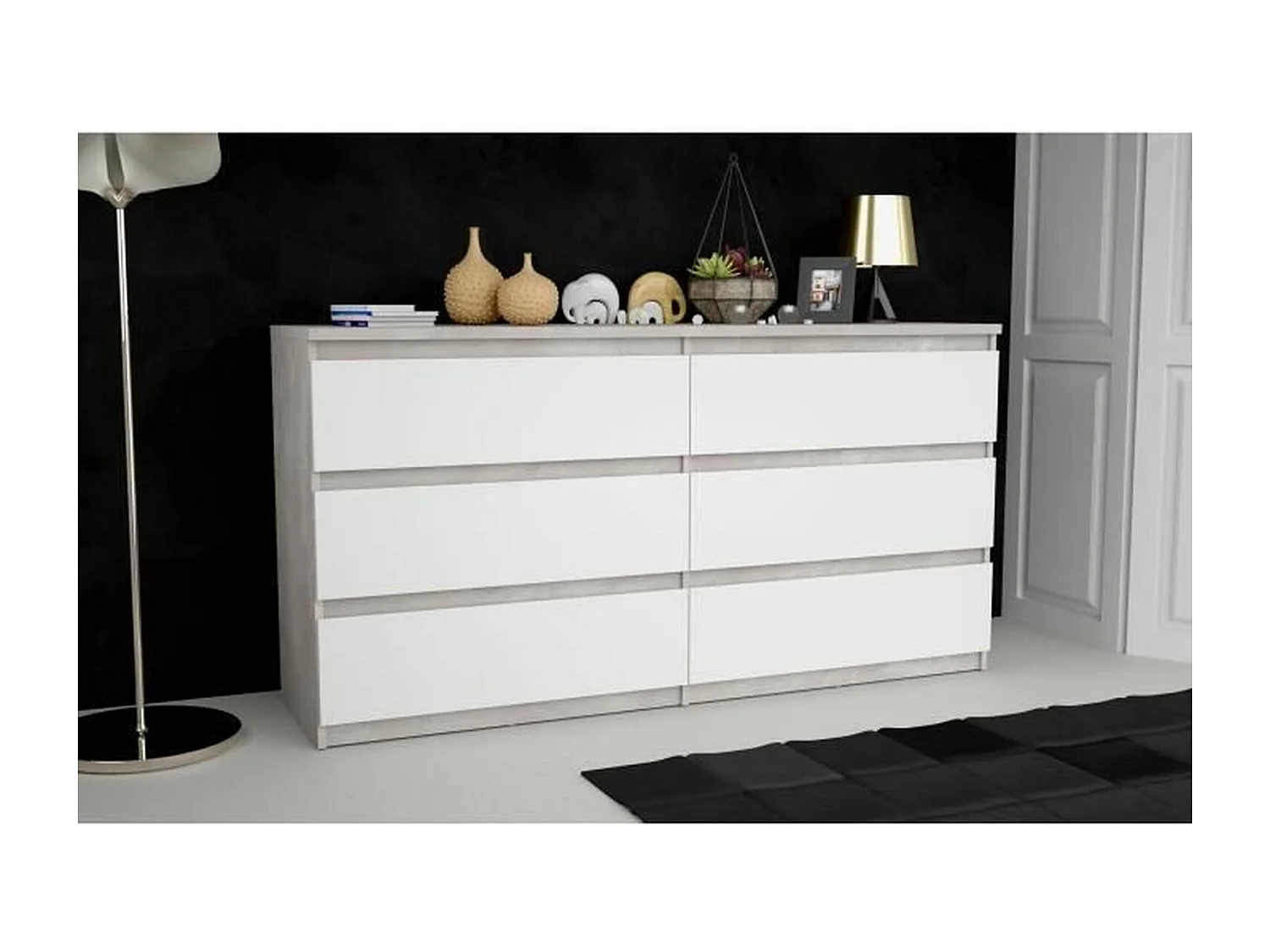 Cómoda CHELSEA de 6 cajones - Blanco/Color hormigón claro - 154 x 42,2 x 79,9 cm