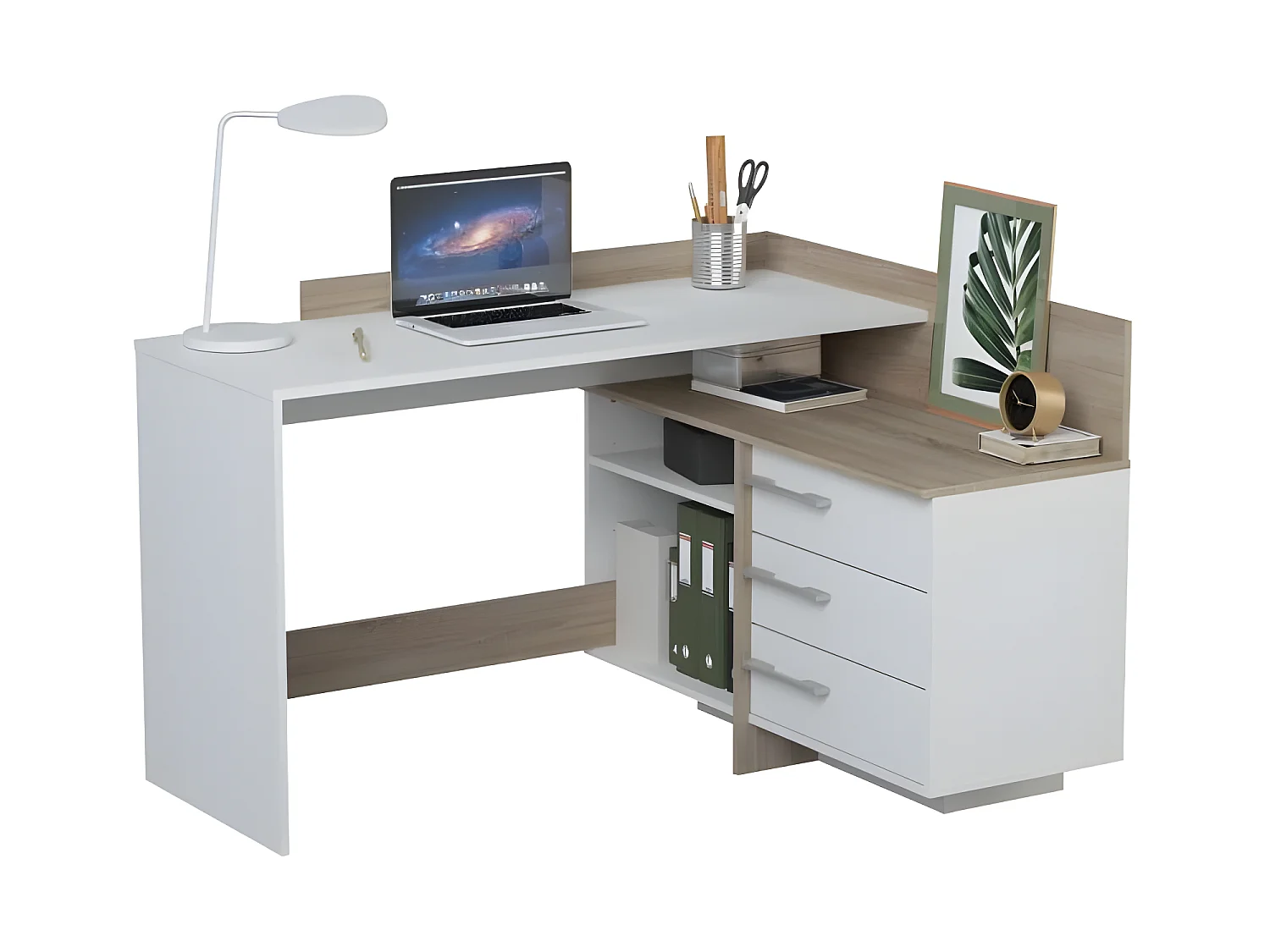 Eckschreibtisch mit 3 Schubladen Eiche/Weiß - L 128,5 x T 105,7 x H 83,2 cm