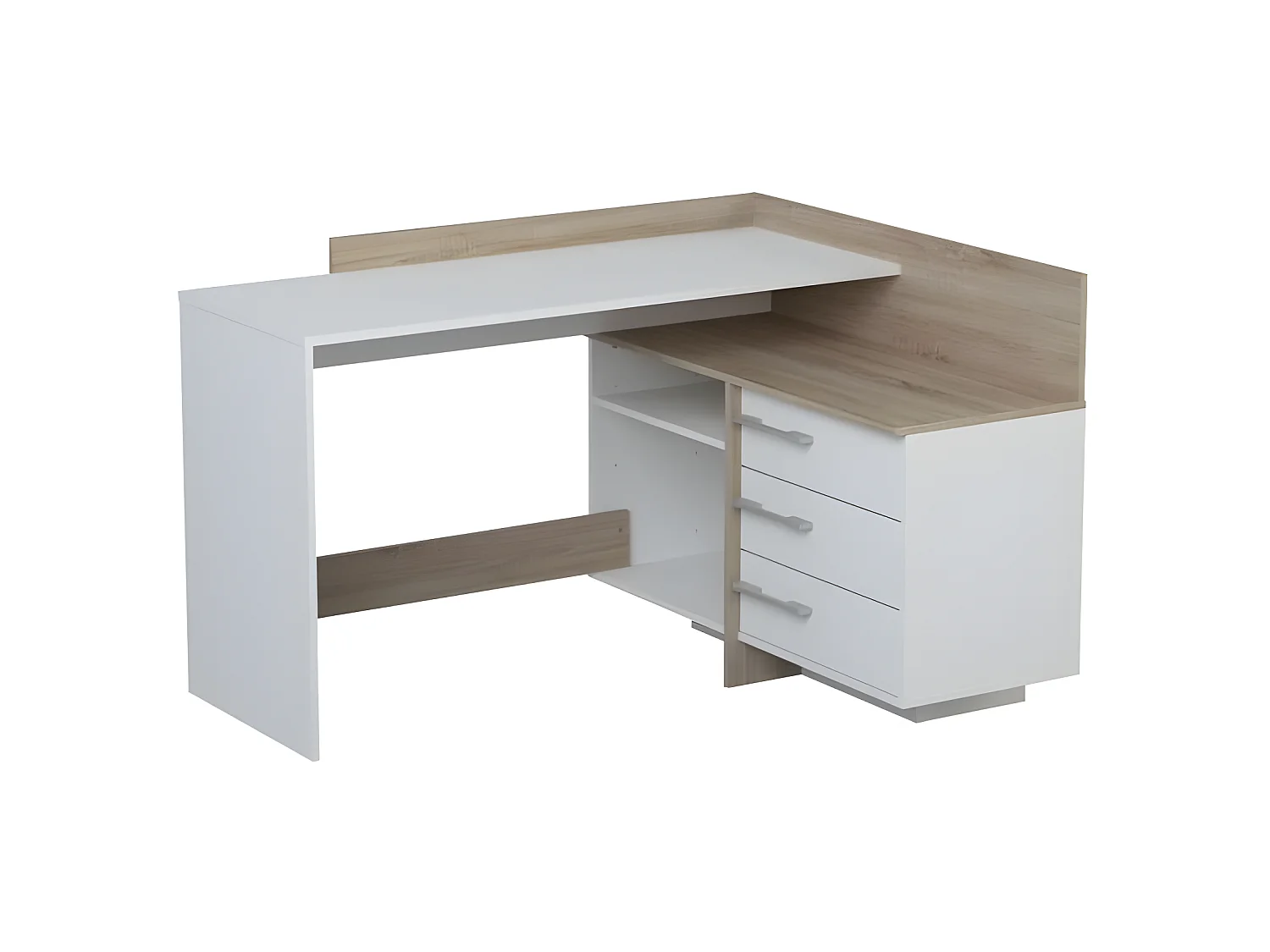 Bureau d'angle 3 tiroirs - Décor chene et blanc - L 128,5 x P 105,7 x H 83,2 cm - THALES