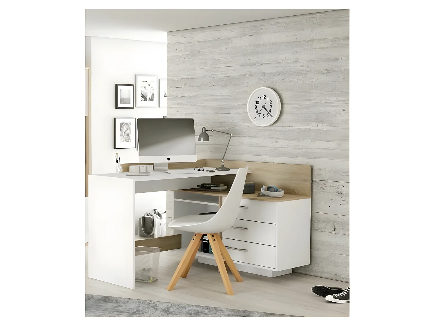 Bureau d'angle 3 tiroirs - Décor chene et blanc - L 128,5 x P 105,7 x H 83,2 cm - THALES