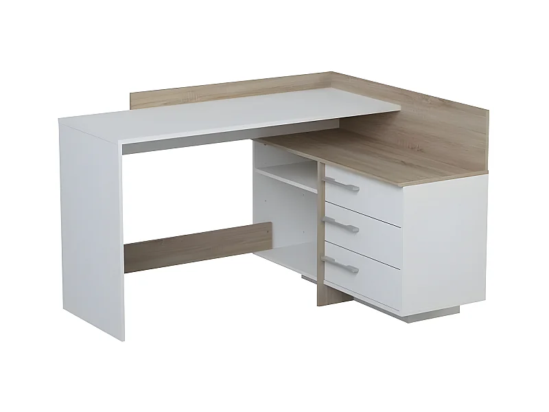 Eckschreibtisch mit 3 Schubladen Eiche/Weiß - L 128,5 x T 105,7 x H 83,2 cm