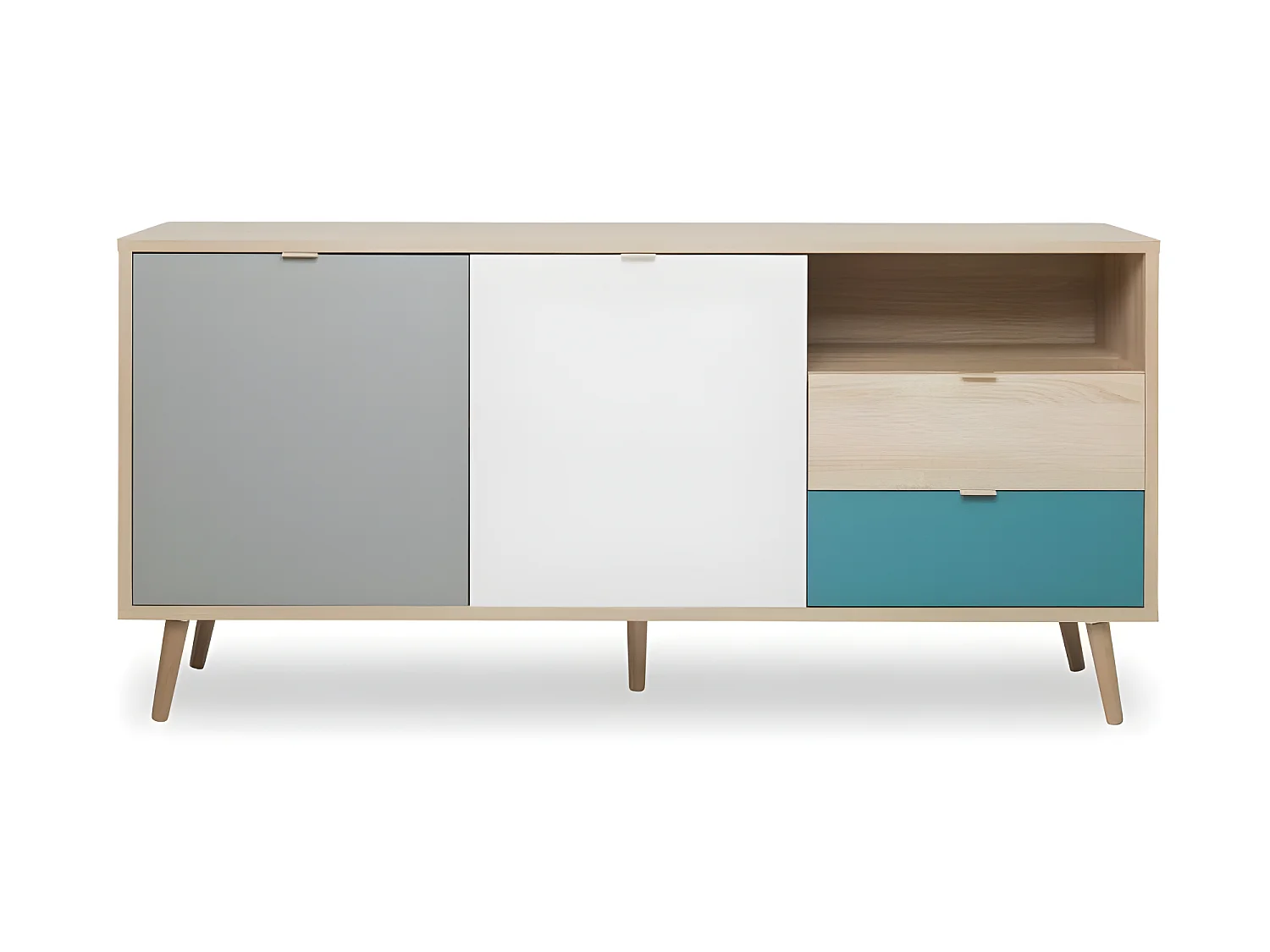 CUBA Buffet bas scandinave chene, gris et bleu petrole - L 150 x P 40 x H 71 cm