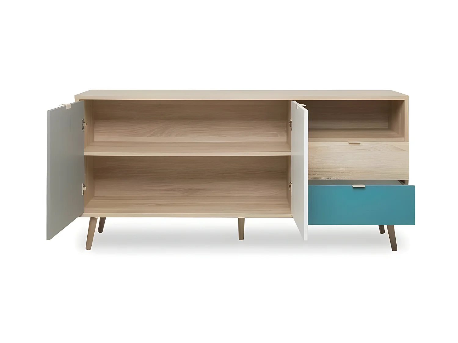 CUBA Buffet bas scandinave chene, gris et bleu petrole - L 150 x P 40 x H 71 cm