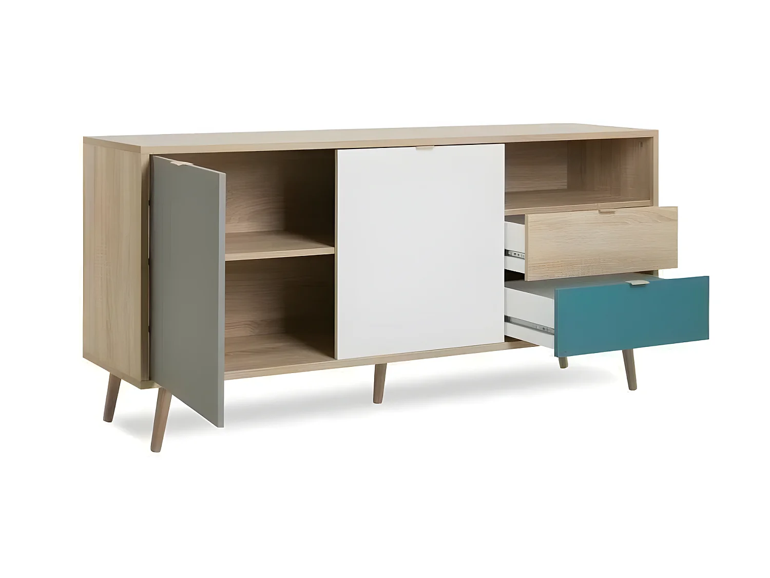 CUBA Buffet bas scandinave chene, gris et bleu petrole - L 150 x P 40 x H 71 cm