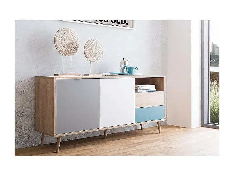 CUBA Buffet bas scandinave chene, gris et bleu petrole - L 150 x P 40 x H 71 cm