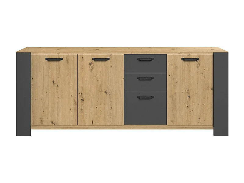 Buffet LOFT - Décor chene artisan et mélamine gris ombre - 3 portes et 3 tiroirs - L 220 x P 52 x H 86.5 cm -