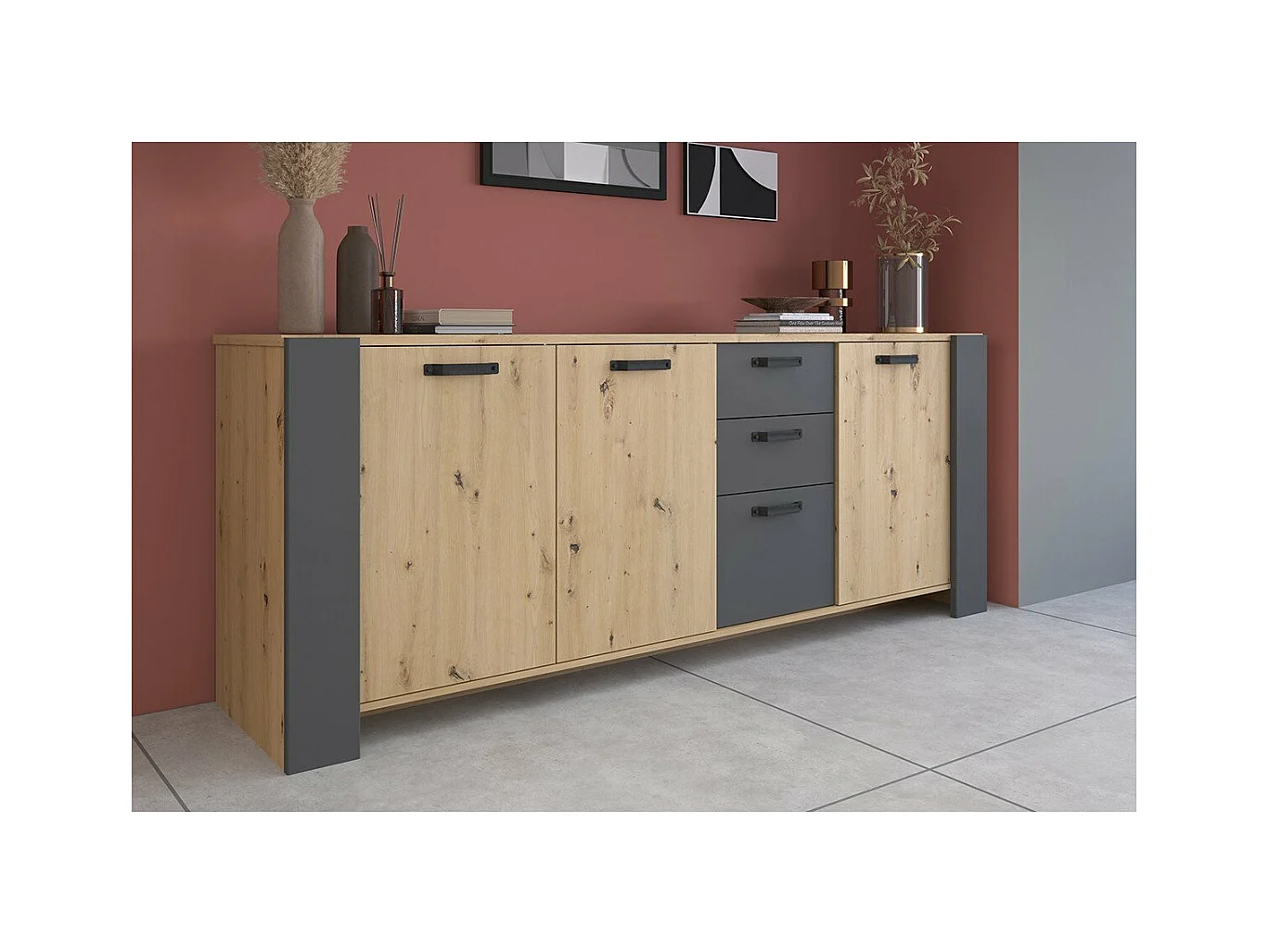 Dressoir met 3 deuren en 3 laden, ambachtelijk eikenhout en schaduwgrijs melamine, 220 x 52 x Hoogte 86,5 cm