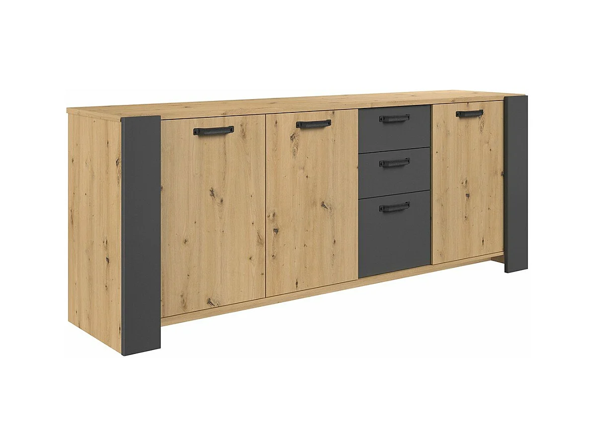 Dressoir met 3 deuren en 3 laden, ambachtelijk eikenhout en schaduwgrijs melamine, 220 x 52 x Hoogte 86,5 cm