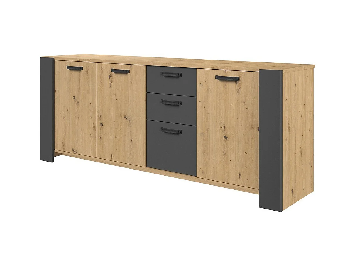 Dressoir met 3 deuren en 3 laden, ambachtelijk eikenhout en schaduwgrijs melamine, 220 x 52 x Hoogte 86,5 cm