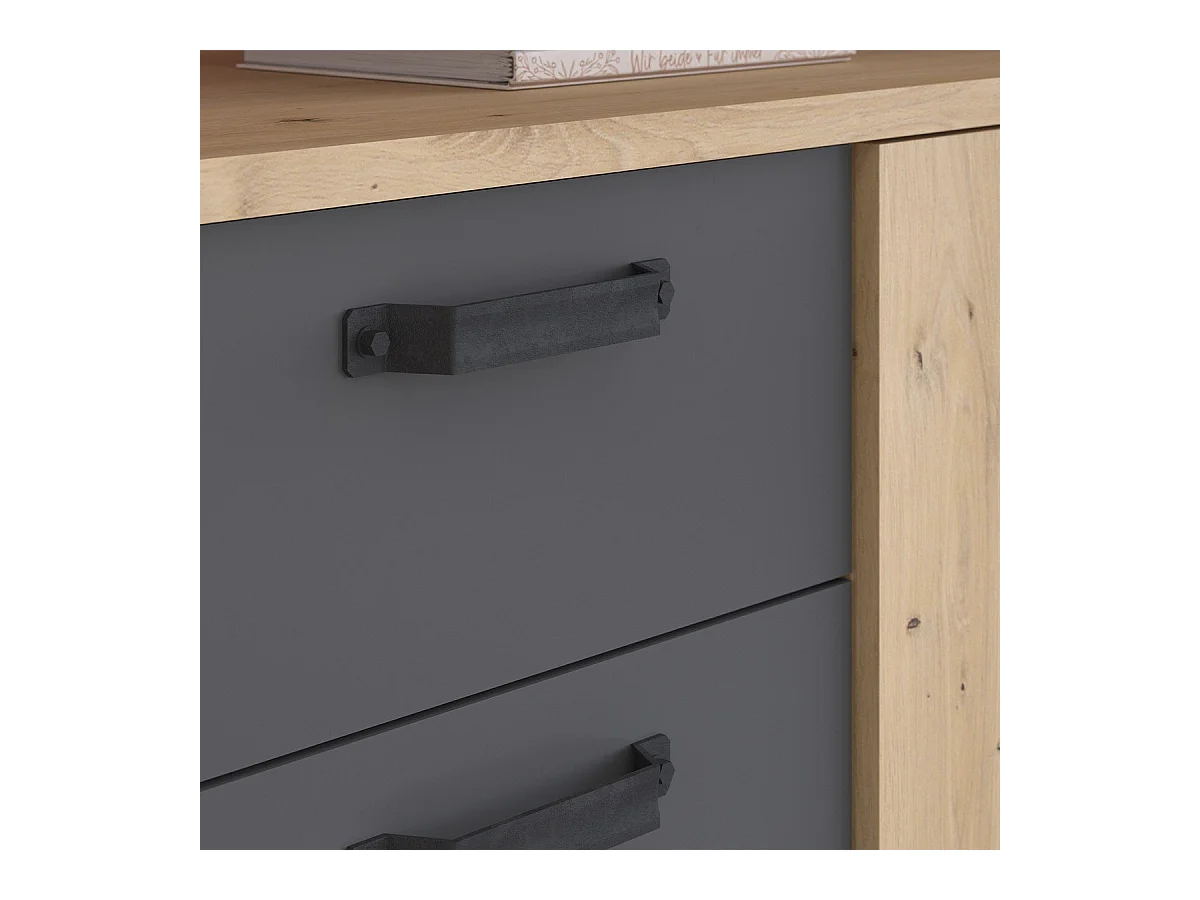 Dressoir met 3 deuren en 3 laden, ambachtelijk eikenhout en schaduwgrijs melamine, 220 x 52 x Hoogte 86,5 cm