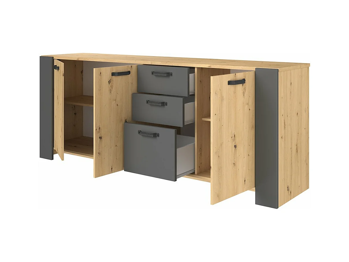 Dressoir met 3 deuren en 3 laden, ambachtelijk eikenhout en schaduwgrijs melamine, 220 x 52 x Hoogte 86,5 cm