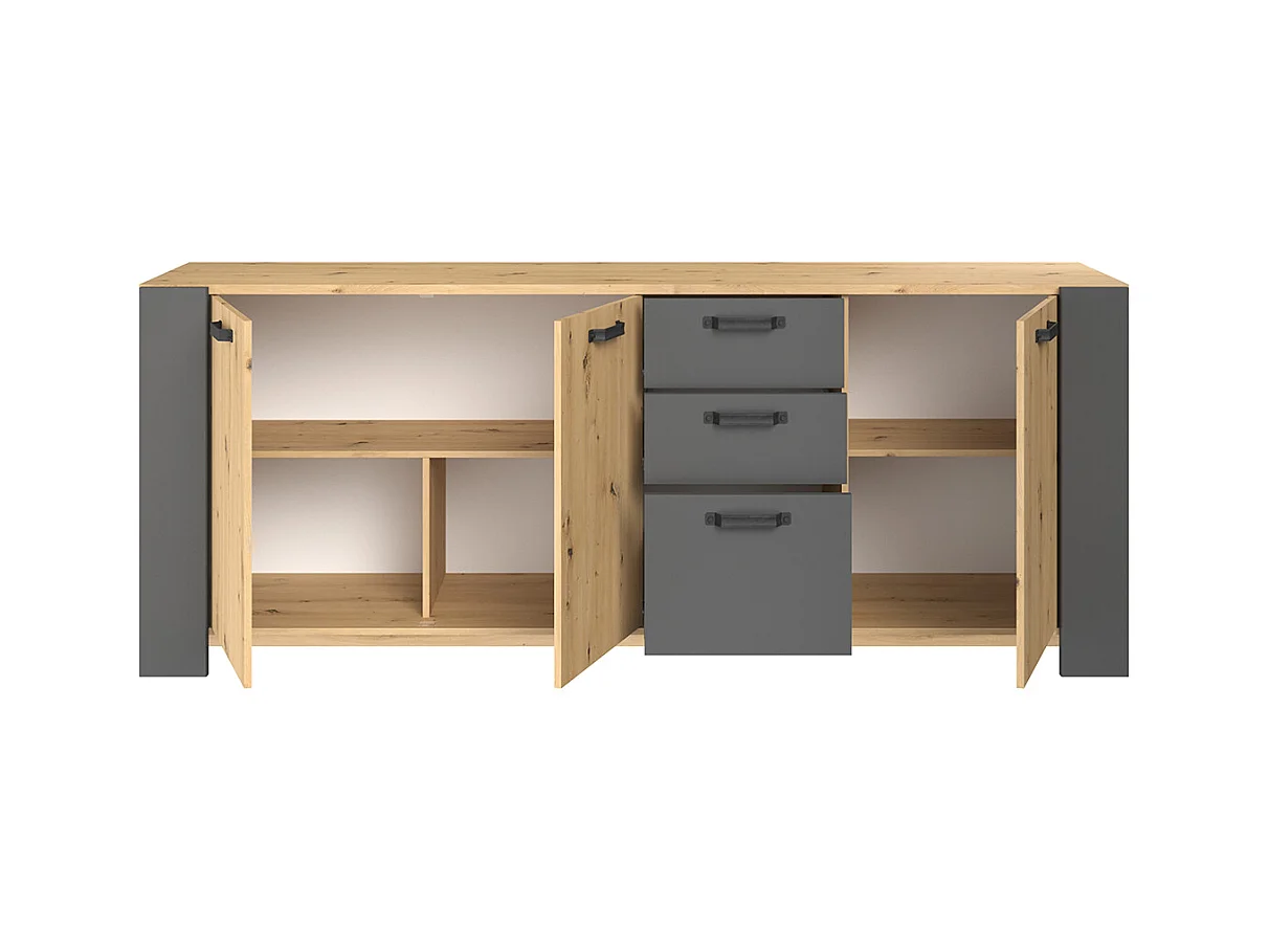 Dressoir met 3 deuren en 3 laden, ambachtelijk eikenhout en schaduwgrijs melamine, 220 x 52 x Hoogte 86,5 cm