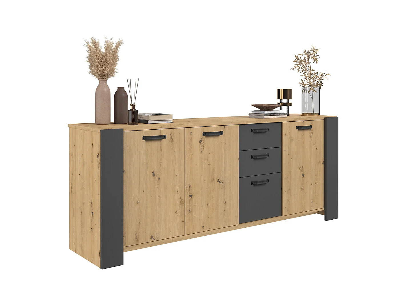 Dressoir met 3 deuren en 3 laden, ambachtelijk eikenhout en schaduwgrijs melamine, 220 x 52 x Hoogte 86,5 cm