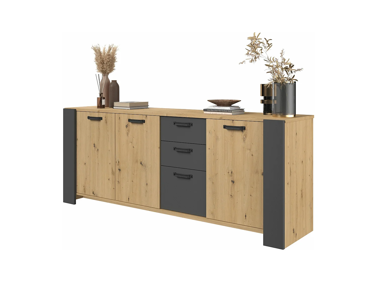 Dressoir met 3 deuren en 3 laden, ambachtelijk eikenhout en schaduwgrijs melamine, 220 x 52 x Hoogte 86,5 cm