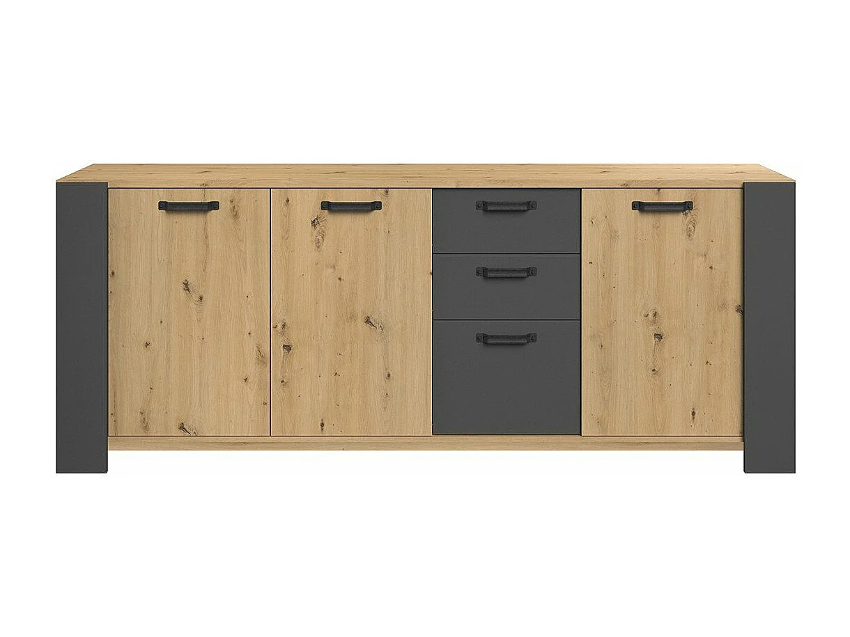 Buffet LOFT - Décor chene artisan et mélamine gris ombre - 3 portes et 3 tiroirs - L 220 x P 52 x H 86.5 cm -