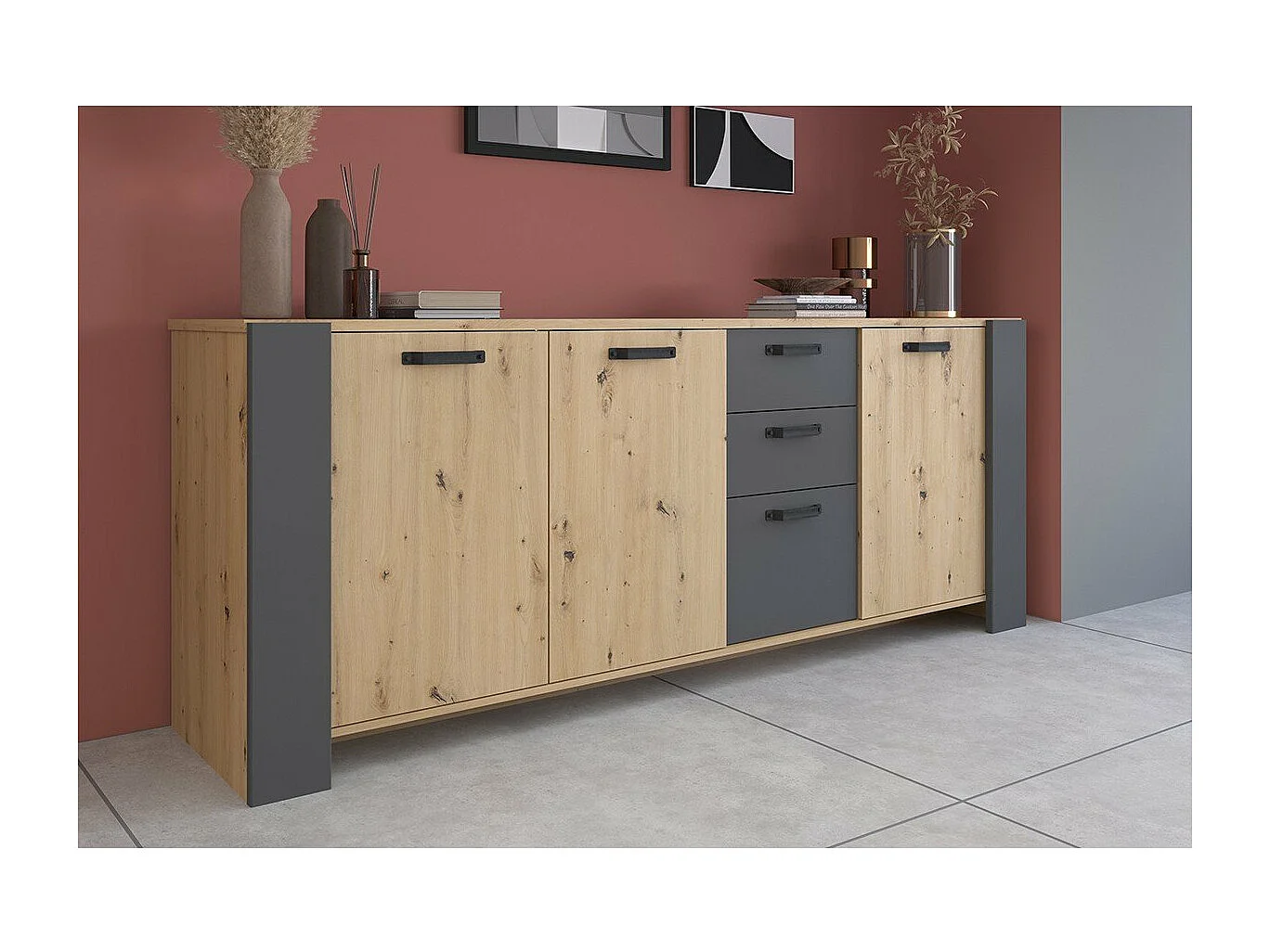 Buffet LOFT - Décor chene artisan et mélamine gris ombre - 3 portes et 3 tiroirs - L 220 x P 52 x H 86.5 cm -
