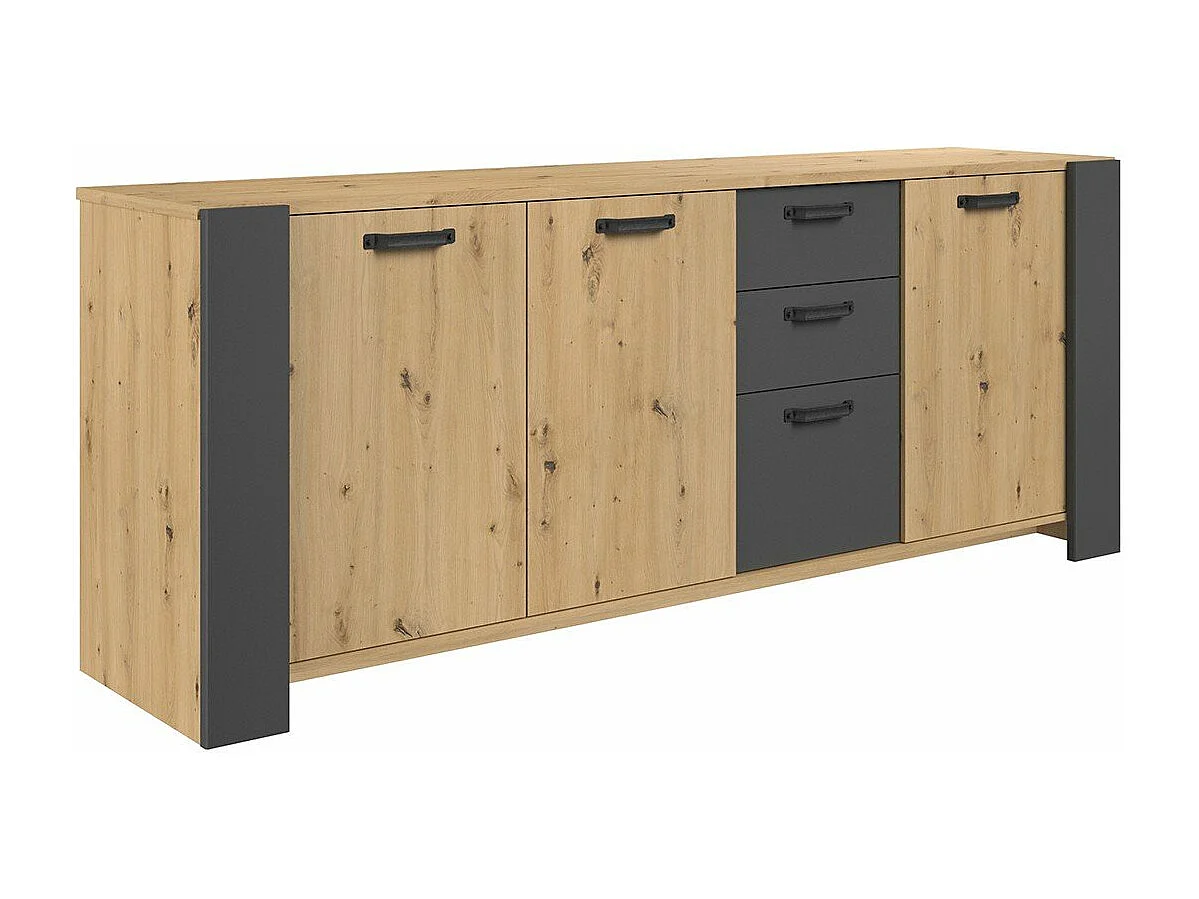 Buffet LOFT - Décor chene artisan et mélamine gris ombre - 3 portes et 3 tiroirs - L 220 x P 52 x H 86.5 cm -