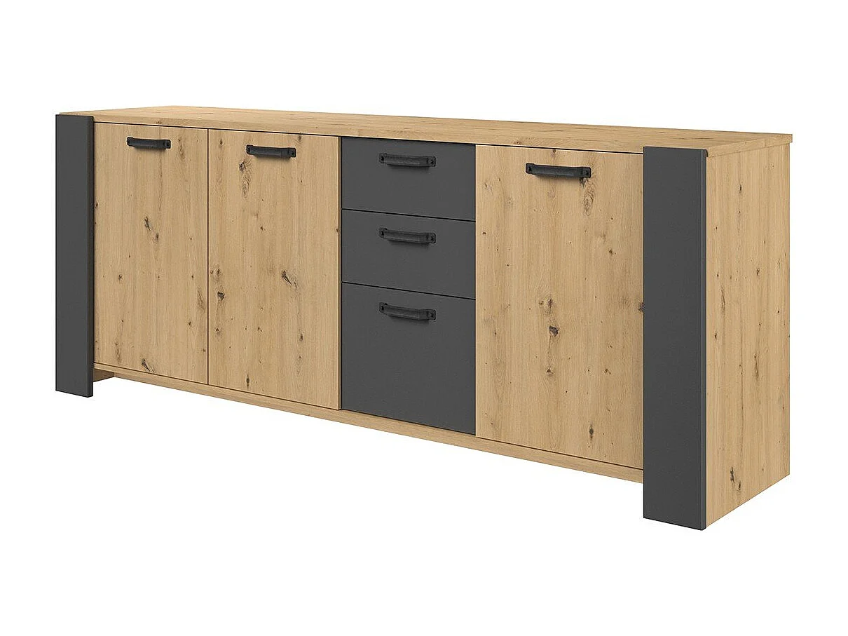 Buffet LOFT - Décor chene artisan et mélamine gris ombre - 3 portes et 3 tiroirs - L 220 x P 52 x H 86.5 cm -