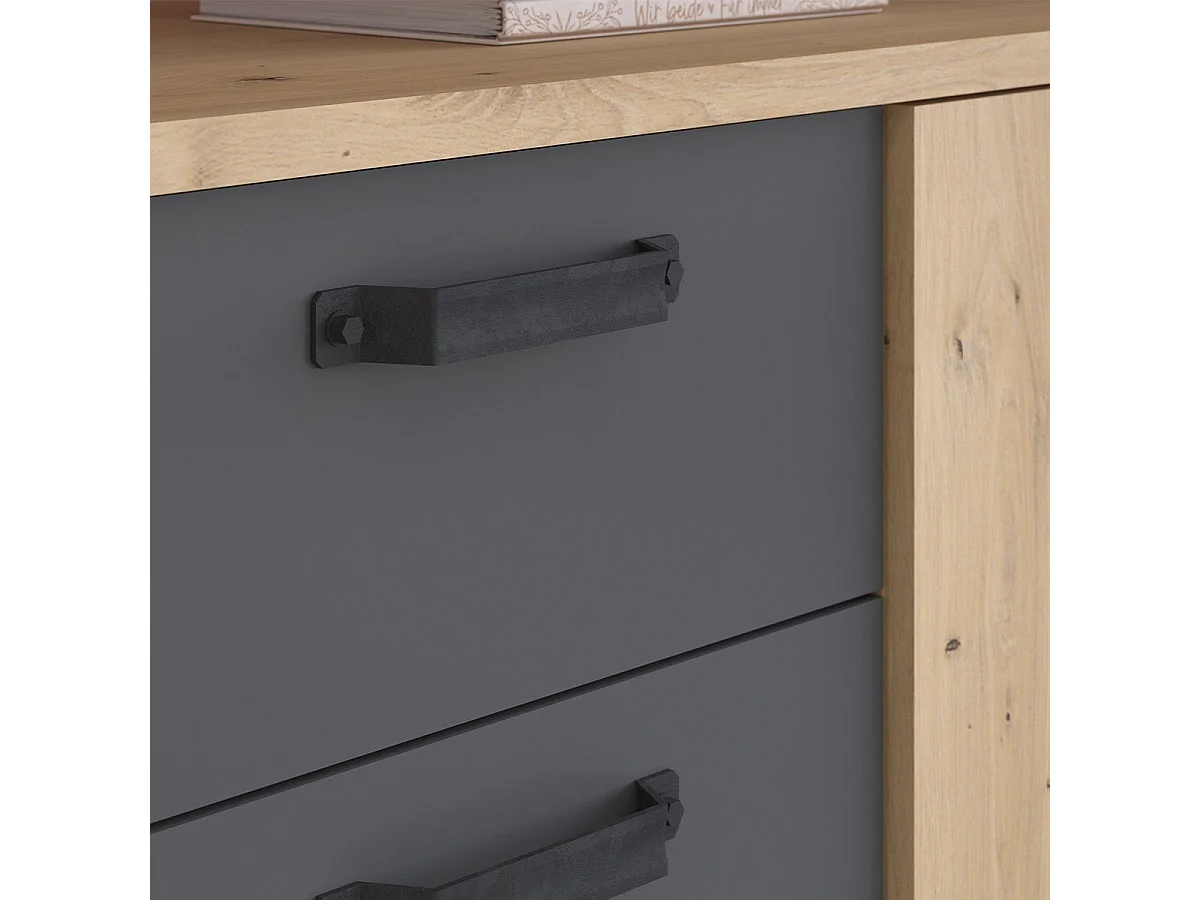 Buffet LOFT - Décor chene artisan et mélamine gris ombre - 3 portes et 3 tiroirs - L 220 x P 52 x H 86.5 cm -