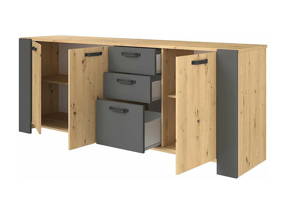 Buffet LOFT - Décor chene artisan et mélamine gris ombre - 3 portes et 3 tiroirs - L 220 x P 52 x H 86.5 cm -