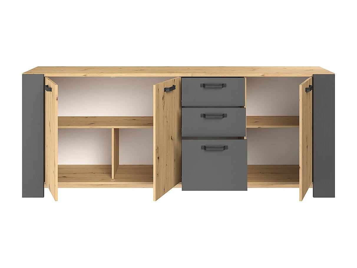 Buffet LOFT - Décor chene artisan et mélamine gris ombre - 3 portes et 3 tiroirs - L 220 x P 52 x H 86.5 cm -